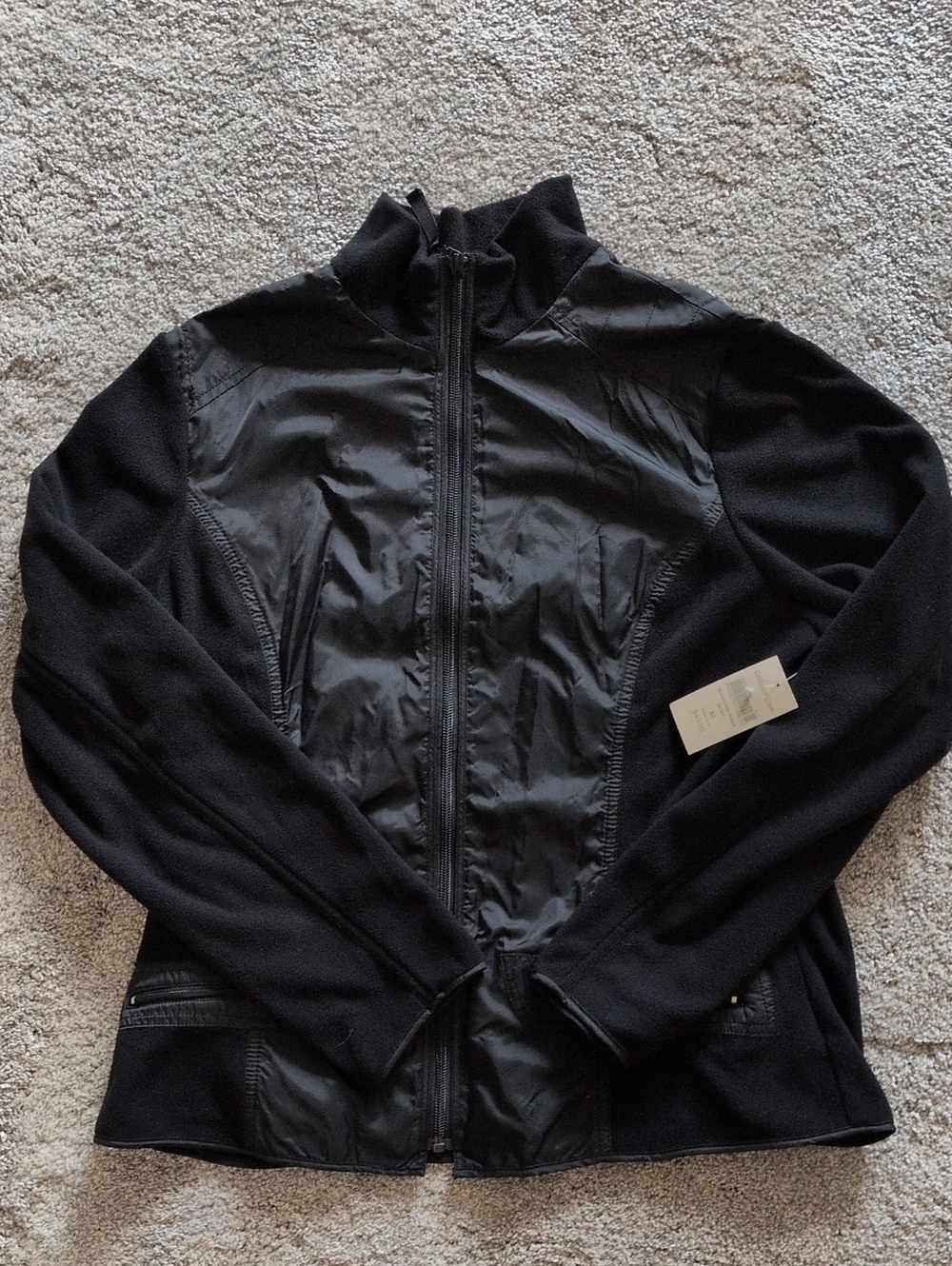 NWT Coldwater Creek Black Woven Trim Fleece Zip Up Jacket Size Medium